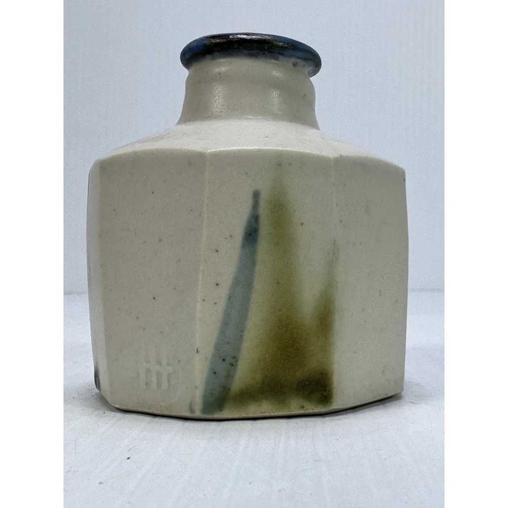 Vintage Small Hexagon Ceramic Vase Blue Rim Stamped Makers Mark